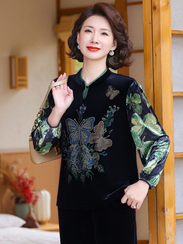 2025年款金丝绒上衣女中老年妈妈装新款小衫女春秋季洋气内搭|undefined