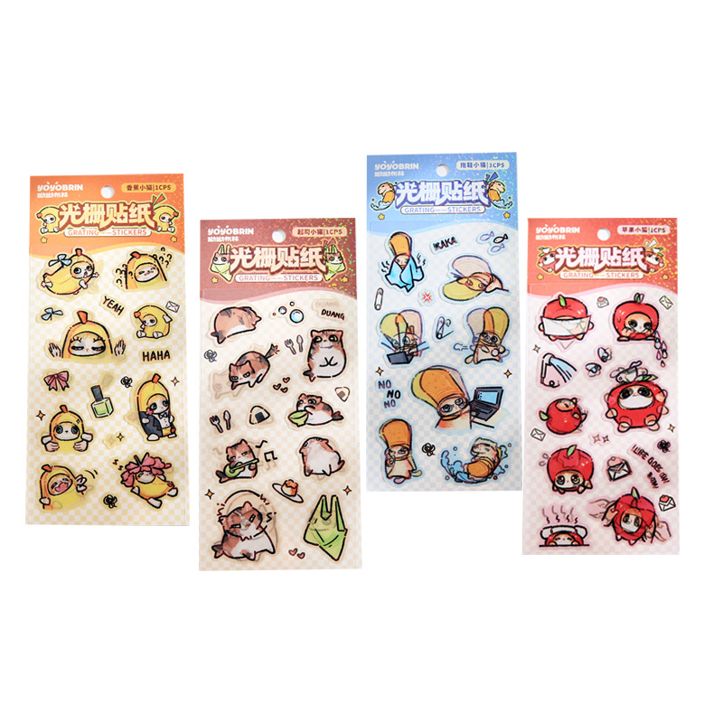 Yoyo Brin Etiqueta de hoja plana con rejilla Cat Dimension Diversión Etiqueta engomada creativa Paquete de emoji Etiqueta engomada de decoración de gatitos