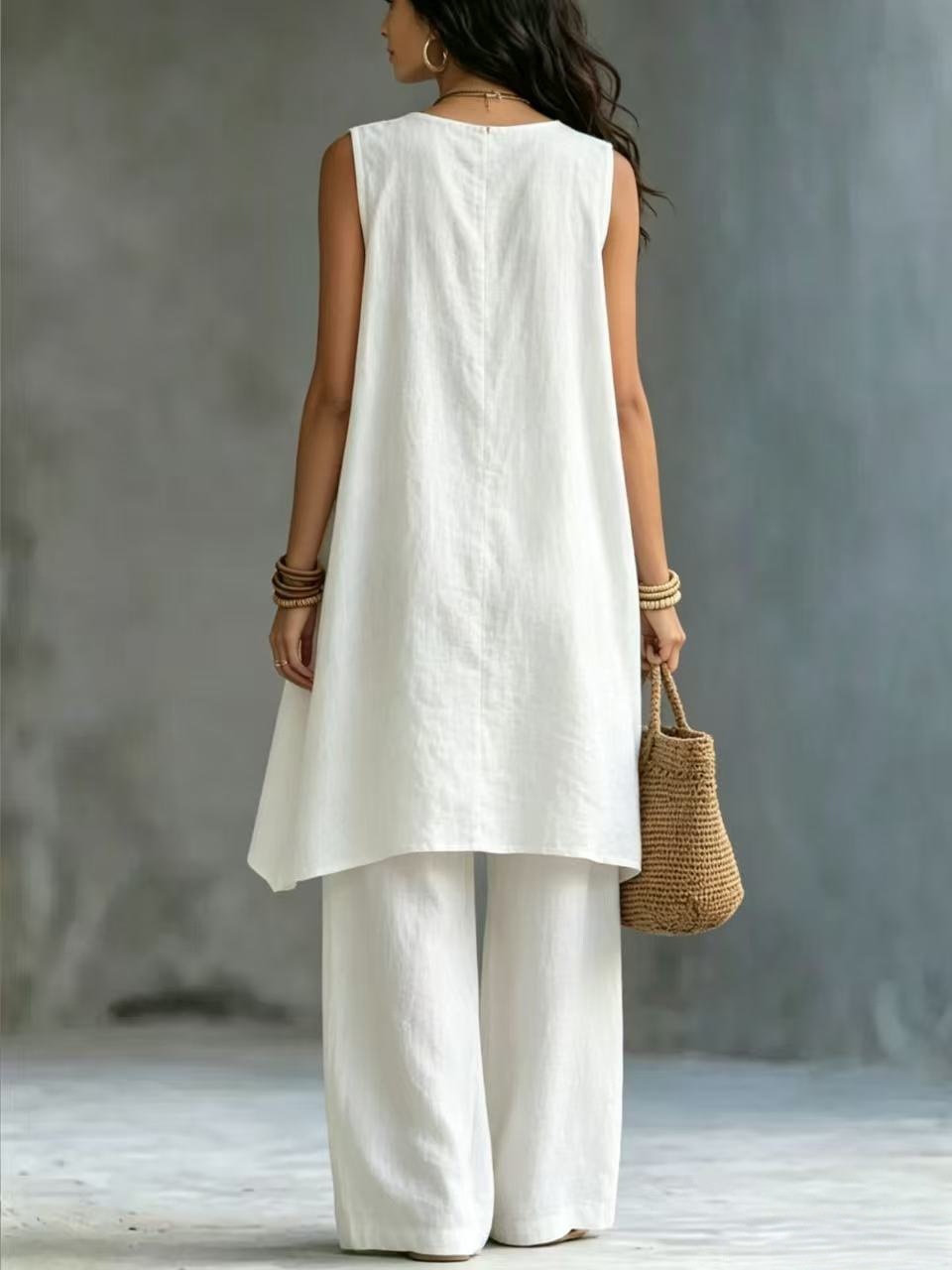 Women's Sleeveless Stand Collar Solid Color Cotton Linen Suit Elegant Loose Resort Style Spring Summer_ecoleips.com