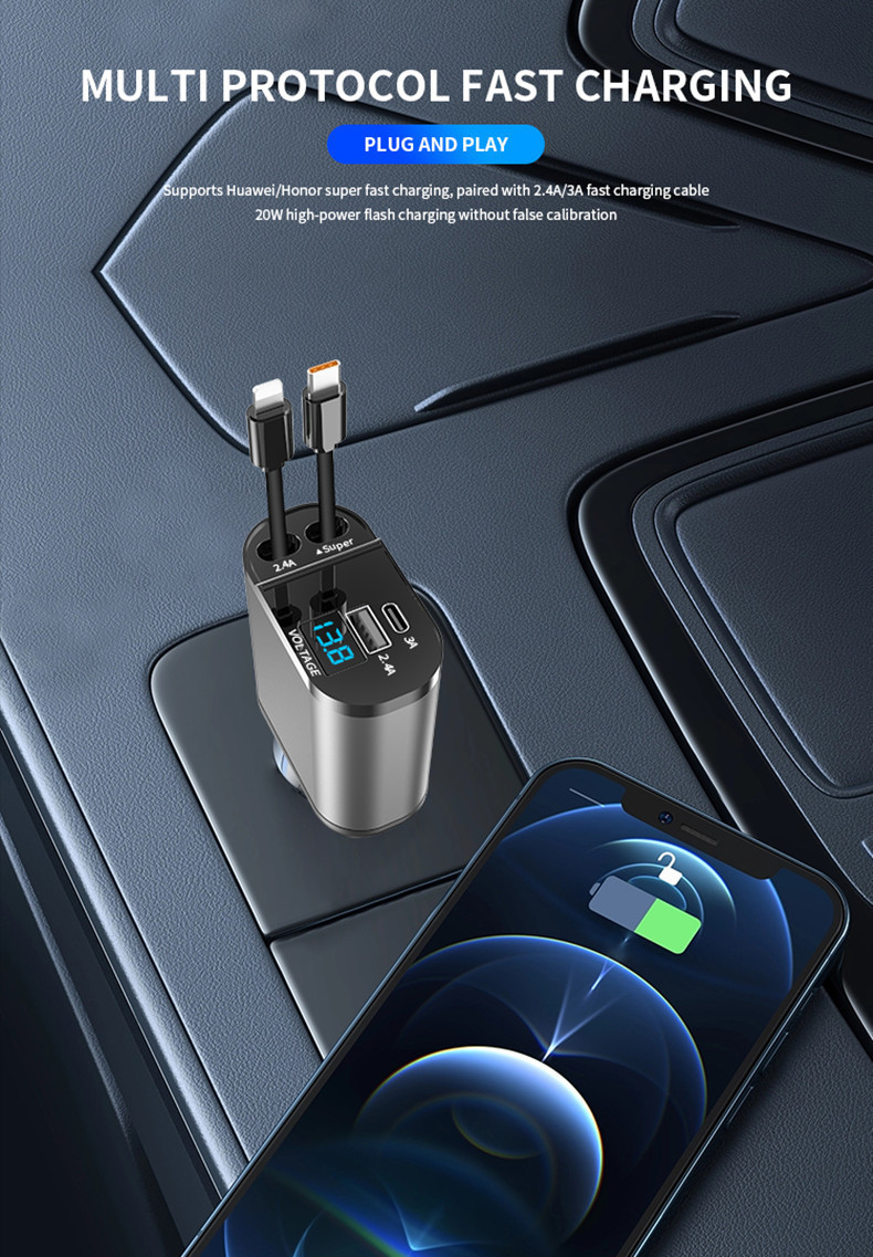 Car Charger with Retractable Cable, One-To-Four Car Charger, Super Fast Charging, Flash Charging, Car Phone Charging Head, Cigarette Lighter
