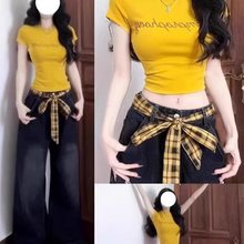 黄色字母烫钻正肩短袖t恤女夏季修身显瘦美式辣妹短款设计感上衣