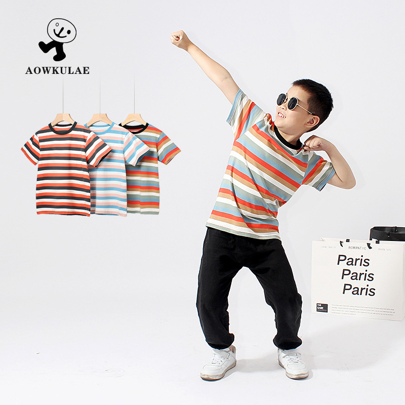 Ropa infantil de estilo coreano de verano nueva camiseta de manga corta para niños grandes a rayas de secado rápido transpirable superior de manga corta para niños al por mayor