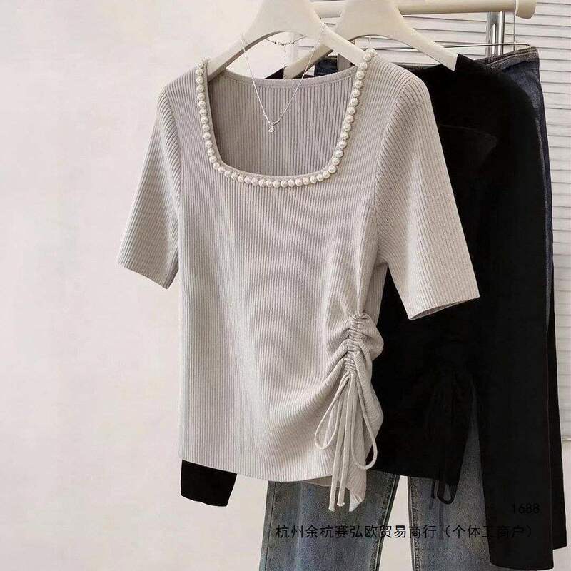 Purple Square-Neck Pearl Ice Silk Knit Top for Women, New Summer Slim-Fit Side Drawstring Commuting Outerwear Purple Square-Neck Pearl Ice Silk Knit Top for Women, New Summer Slim-Fit Side Drawstring Commuting Outerwear