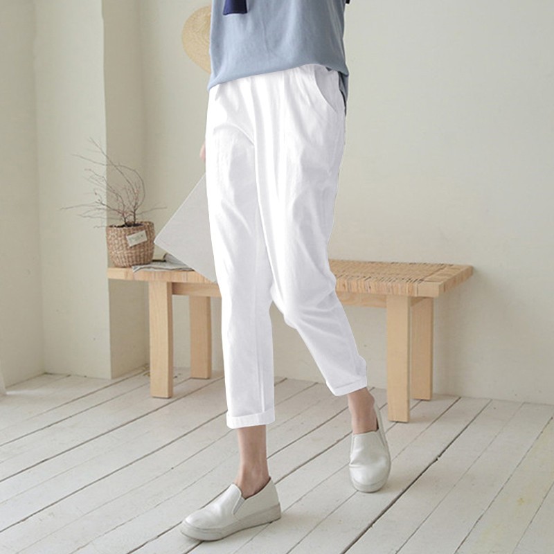 Women's High-Waisted Harem Pants 2026 Spring/Summer Casual Elastic Waist Cotton Linen Cropped Trousers Versatile Fashion_ecoleips.com