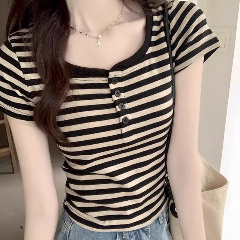 Counter Withdrawal ~ Cut Label Counter Contrast Stripesd Button Short-Sleeved T-Shirt Women's Slim Short Inner Layering Top