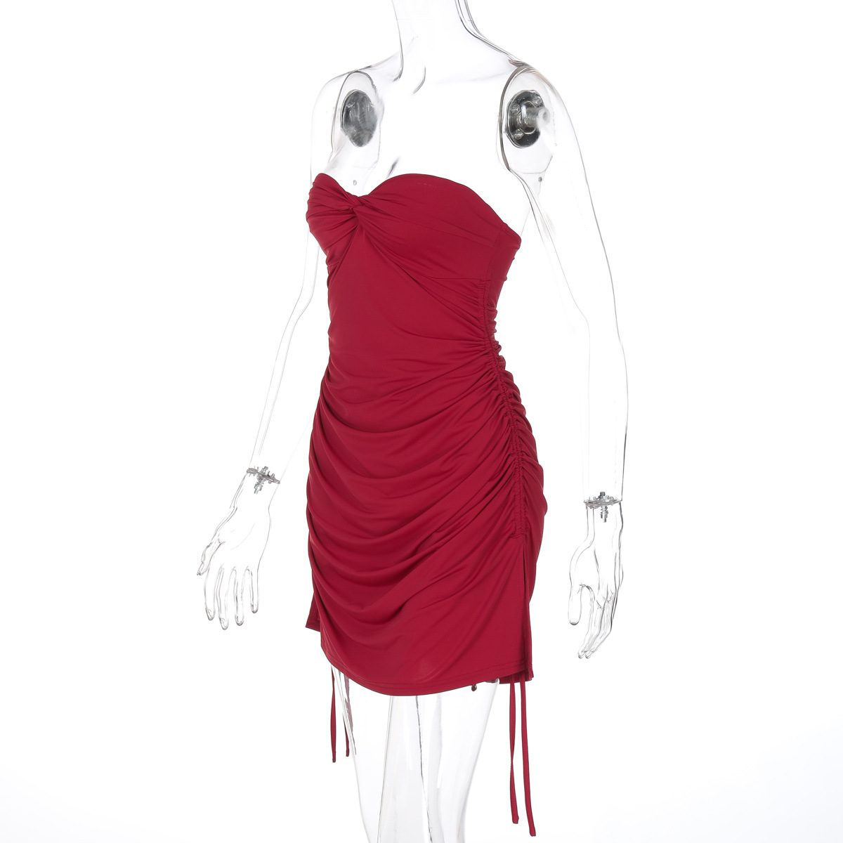 Women Spring Clothing Solid Color Sexy Twist Wrapped Chest Pleated Ultra Short Drawstring Dress
