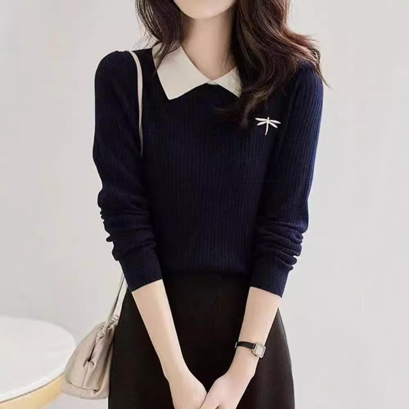 Trendy Slim Fit Doll Collar Sweater for Women 2024 Spring and Autumn New Color Block French Style Knitted Inner Layer
