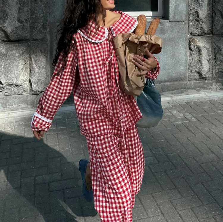 Plaid Shirt suit Women's Lazy Style Doll Collar Loose Lace-Up Top Wide Leg Pants Two-Piece Cross-Border Women's Clothing