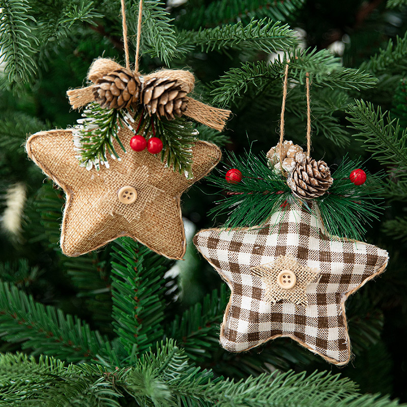 Nueva Navidad adornos de lino estrella de cinco puntas decoración pegajosa Pino cono aguja hoja DIY material decoraciones del árbol de Navidad colgante
