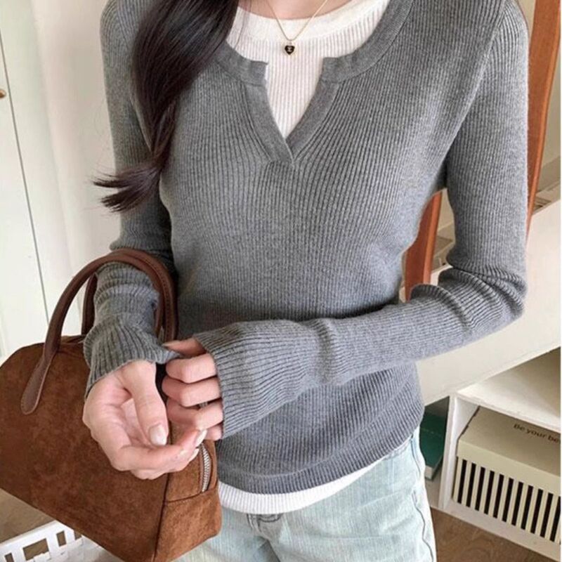 黑色v领假两件长袖针织衫女春秋内搭修身感纯欲风打底上衣ins|undefined