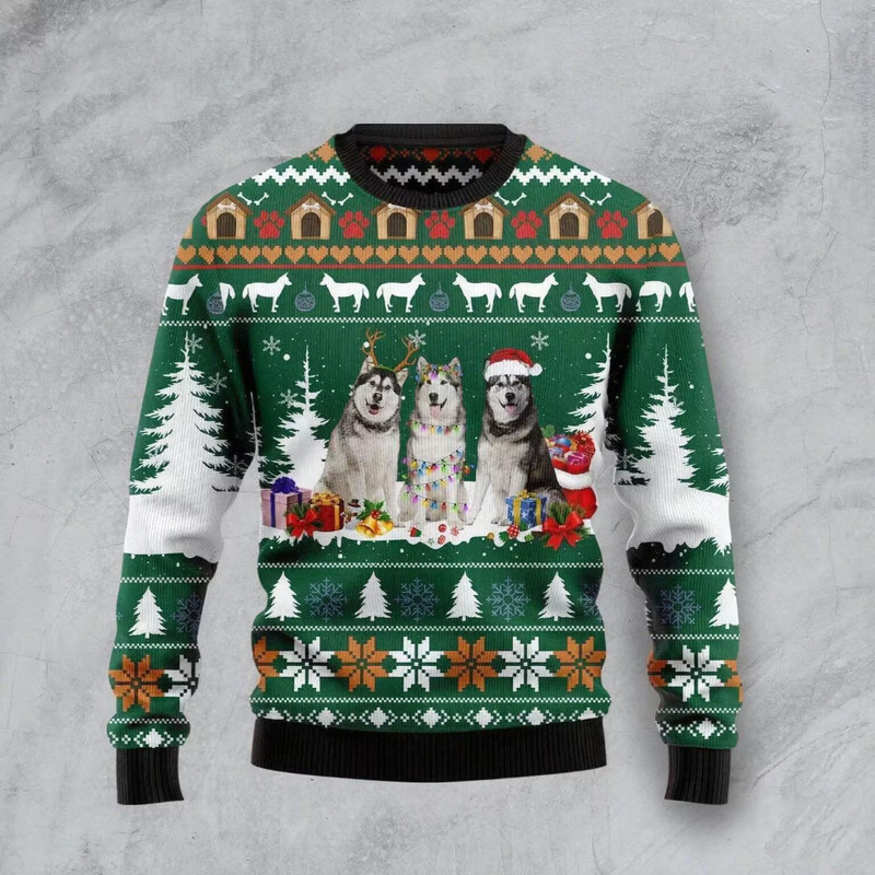 Christmas sweater for men and women, featuring a cute and quirky husky print, round neck, and suitable for autumn and winter holidays; wholesale from the manufacturer Christmas sweater for men and women, featuring a cute and quirky husky print, round neck, and suitable for autumn and winter holidays; wholesale from the manufacturer