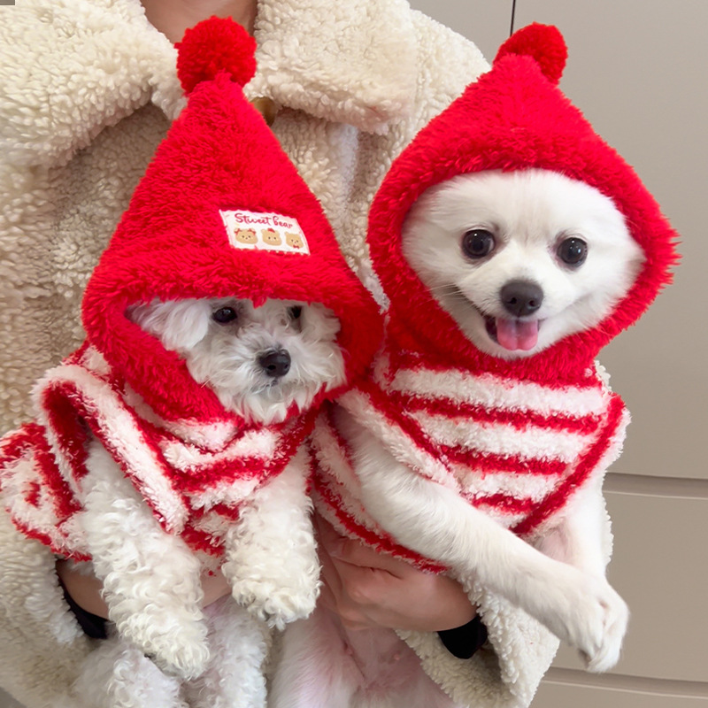 Año Nuevo gato sin pelo rayas rojas sombrero rojo más mascota perro gato otoño invierno ropa muñeca de tela corta
