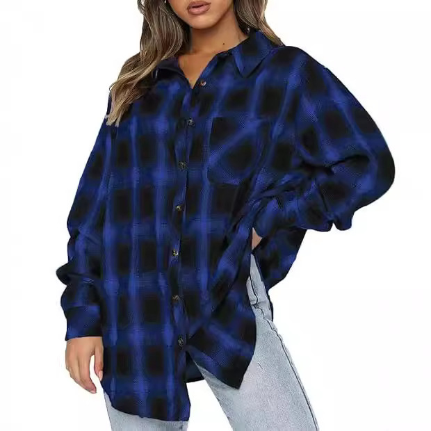 Cross Border Women's Buckle Flannel Shirt Long Sleeve Plaid Casual Shirt Top