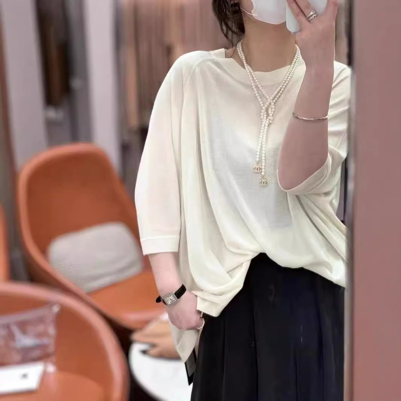 Silk Mulberry Silk Cashmere Five-Point Bat Sleeve Knitwear Women's Pure Color Breathable Cool Elegant Short-Sleeved Top
