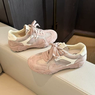 软皮版德训鞋女2026新款韩版圆头拼接系带轻便百搭跑步运动阿甘鞋