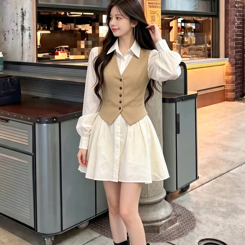 Fake two-piece vest shirt dress for women, autumn, waist-cinching, slimming, lantern sleeves, flared short skirt, preppy style, suitable for commuting, petite size Fake two-piece vest shirt dress for women, autumn, waist-cinching, slimming, lantern sleeves, flared short skirt, preppy style, suitable for commuting, petite size