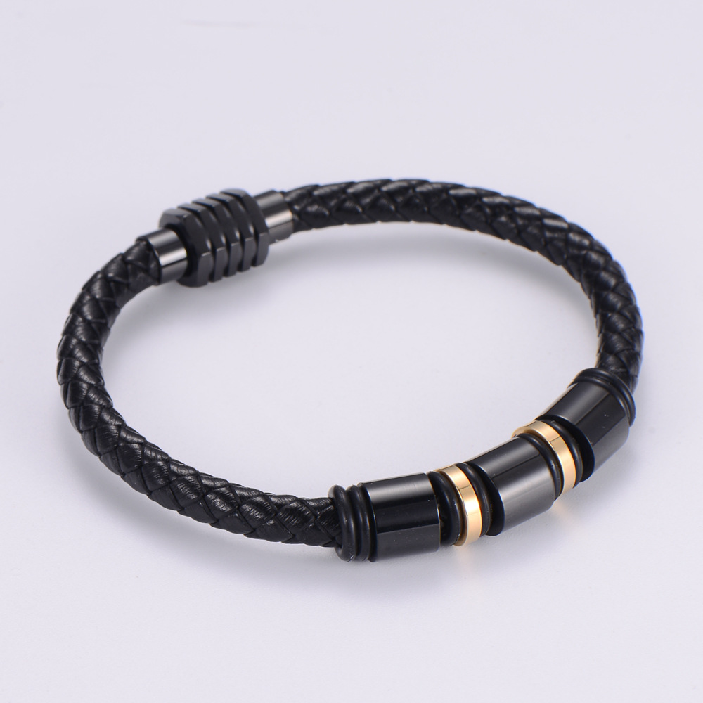 No Inlaid Inlay Material Leather Rope Chain Material Simple Style 304 Stainless Steel No Inlaid 18K Gold Plated Vacuum Plating Unisex Men Cord & Leather Bracelets