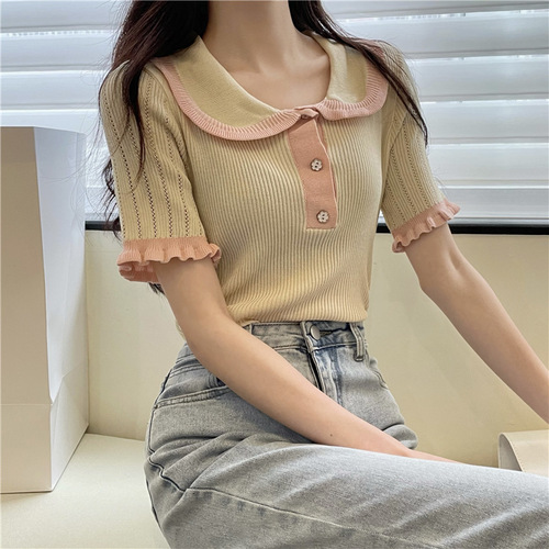 Color-blocked lapel sweater for women spring and summer  new sweet design fungus edge slimming short-sleeved top