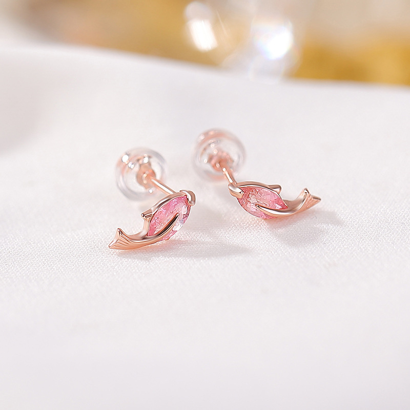 Bông tai bạc S925 mạ vàng hồng đính tourmaline phong cách Trung Hoa — Một cặp (màu tourmaline ngẫu nhiên)