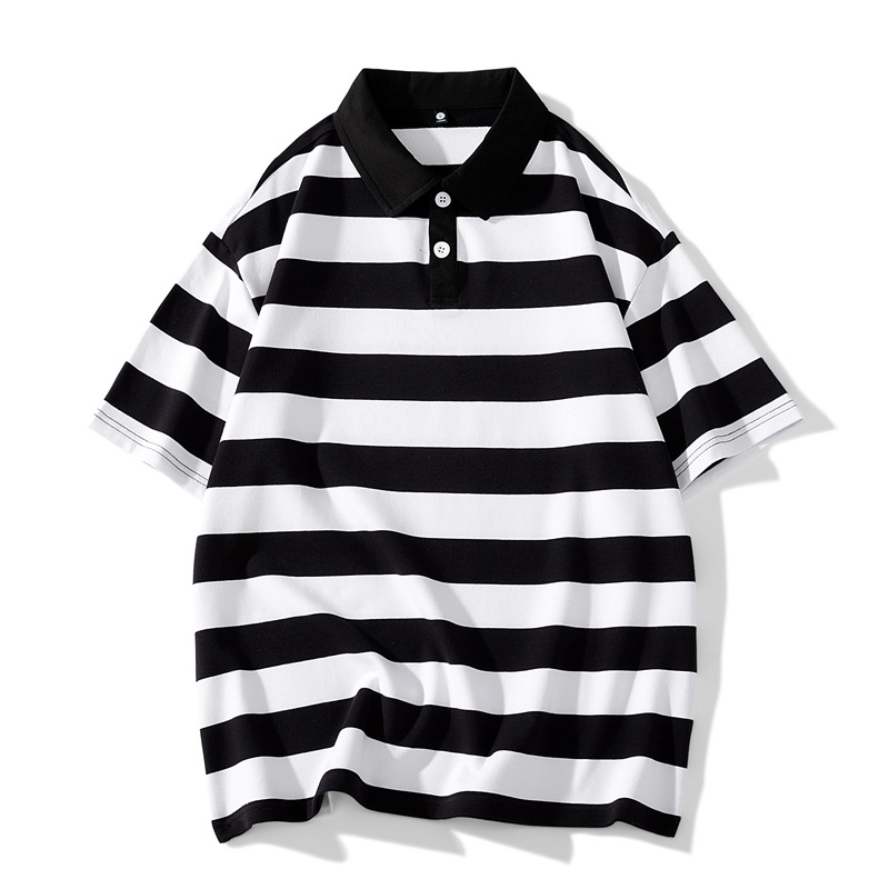 Men's Summer Striped Polo T-Shirt Heavyweight Soft Skin-Friendly Short Sleeve Hong Kong Style Trendy Brand Suitable For Students And Commuters_viptrois.com