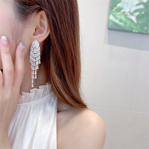 French elegant temperament exaggerated earrings wholesale women's super flash zircon inlaid light luxury high-end long tassel earrings
