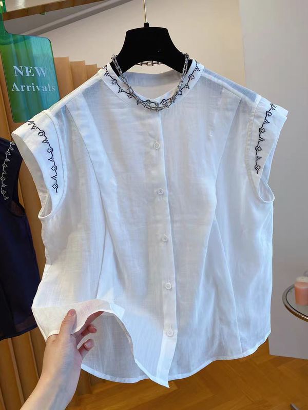 女性用のハイエンドでユニークで美しいノースリーブシャツ、ヘビーウェイトの刺繍入りアウターベスト、ラミー素材の気質シャツ|undefined
