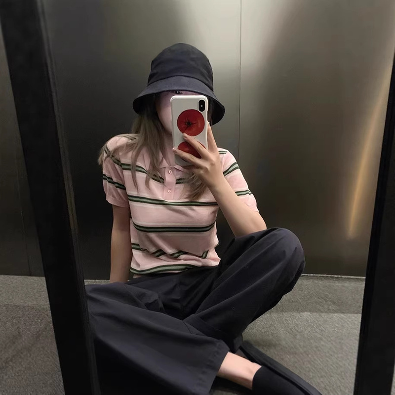 Shanghai Dan Nong Flagship Store/Polo Shirt Striped Collar Women's T-Shirt Summer Regular Shoulder Short Sleeve Ice Silk Knit Chic Slimming