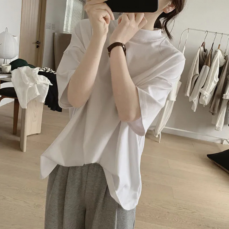 Half-high collar T-shirt Women's Spring and Summer New Loose Slim Korean Style Simple Half-sleeve Age-reducing Cotton Base