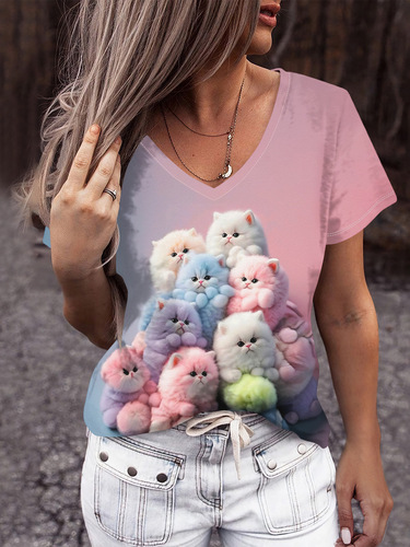 Cross-border 3D digital printing women's V-neck short-sleeve T-shirts in stock, European and American summer women's clothing for independent stores, AliExpress best-seller