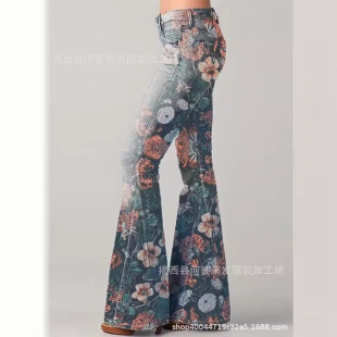 2025 Amazon Cross-Border Women's Clothing European and American New Fashion Gradient Flower Print Imitation Denim Woolen Bell-Bottom Pants