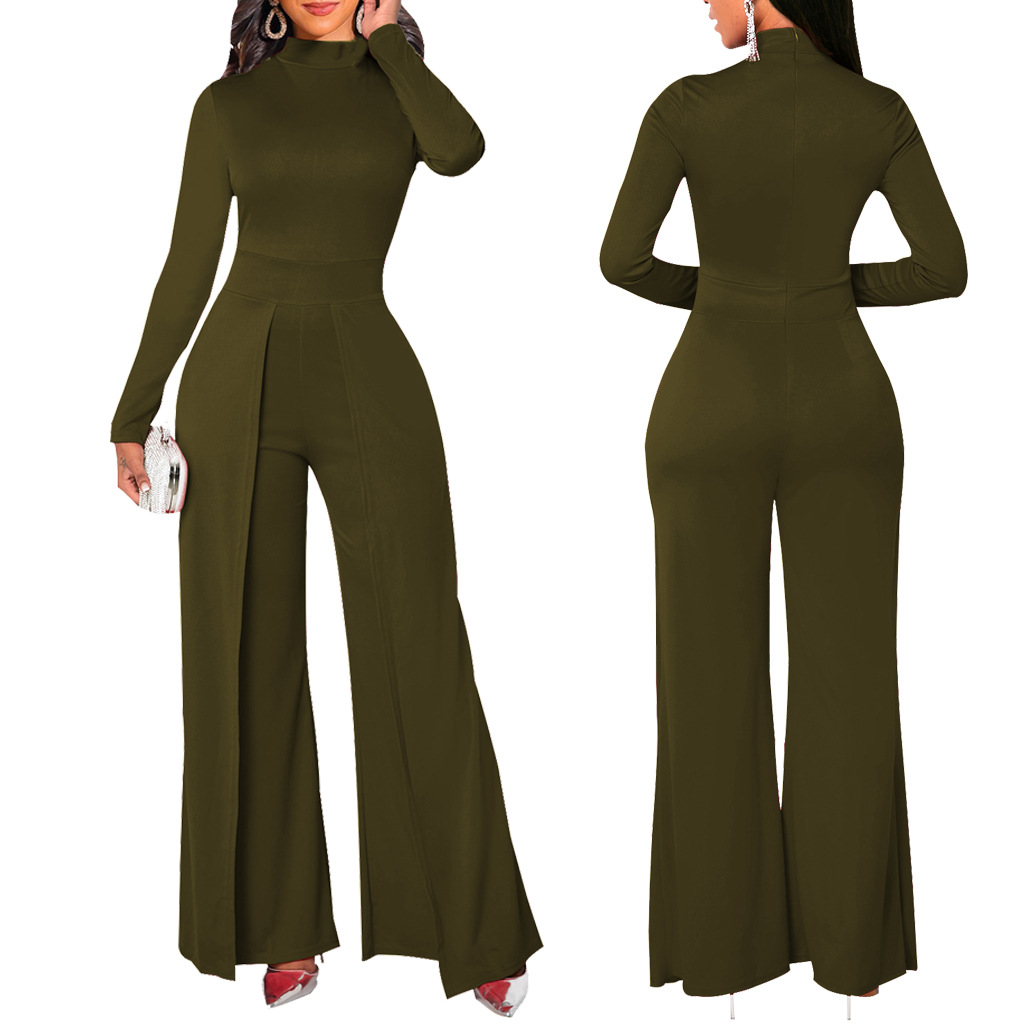 Solid Color Slim Wide Leg Long Sleeve Jumpsuit NSMRF116721