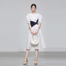 夏季女装2022新款气质短袖撞色收腰显瘦中长款白色连衣裙长裙裙子