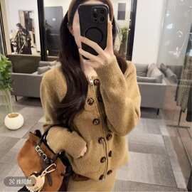 复古软糯金别致属扣慵懒风加厚毛衣开衫女冬季新款休闲阔腿裤套装
