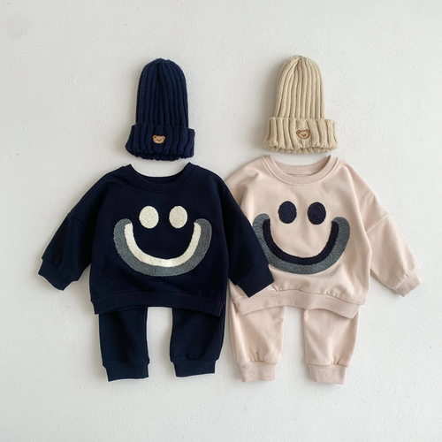 ins Korean style baby suit spring and autumn cartoon male and female baby fashion smiling face rainbow long-sleeved sweatshirt and trousers