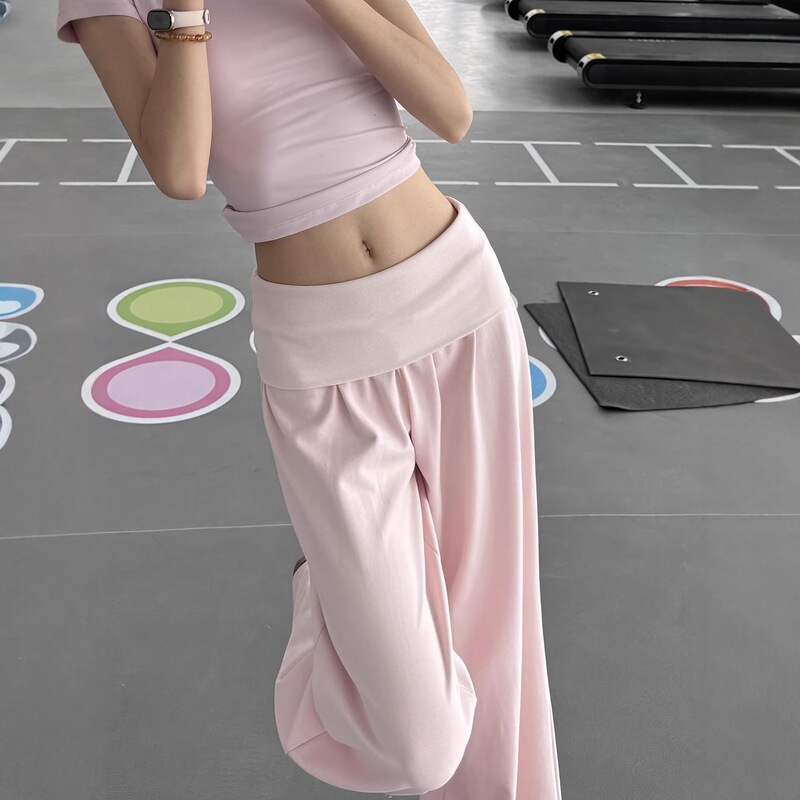 American-style pink high-waisted wide-leg pants for women, suitable for spring, autumn, and summer, with a relaxed, slimming, and drapey feel, ideal for yoga and fitness American-style pink high-waisted wide-leg pants for women, suitable for spring, autumn, and summer, with a relaxed, slimming, and drapey feel, ideal for yoga and fitness