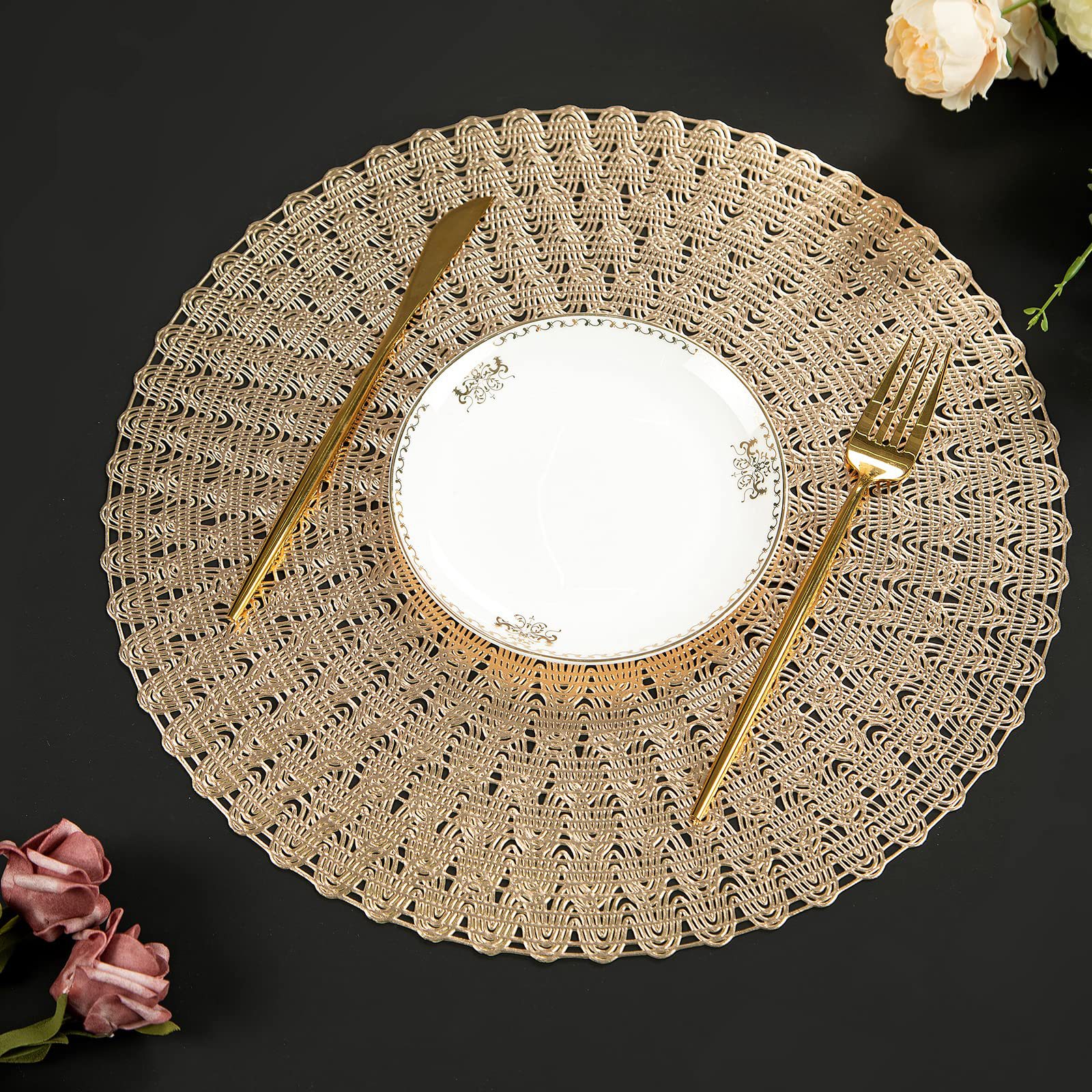 Transfronterizo nuevo hueco PVC placemat oro y plata seda Mesa Redonda estera antideslizante aislamiento posavasos decorativo occidental placemat al por mayor