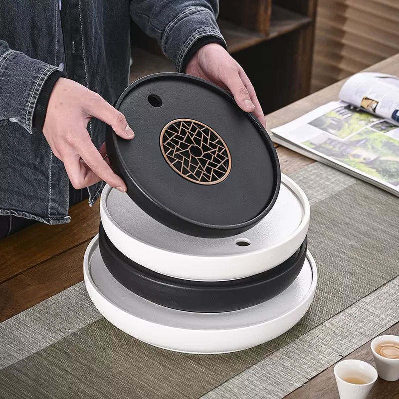 粗陶茶盘家用茶海沥水盘陶瓷圆形储水盘轻奢高档干泡茶台茶具托盘