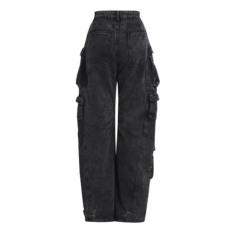 Damenbekleidung Frühling und Herbst Neue Mode Rauchgrau Spleißen Multi Pocket Overalls Street Washed Distressed Lange Hose mit weitem Bein_voghion.com