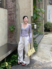 气质辣妹风大领口设计感紫色T恤女2025新款修身显瘦百搭长袖上衣