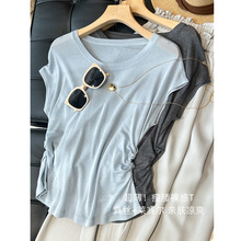 超薄！瘦腰裸感T~真丝莱赛尔抽褶收腰显瘦短款T恤圆领短袖女夏新