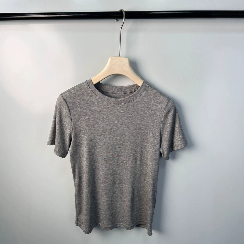 Summer new versatile cool-touch Tencel blend solid color fashion regular shoulder round neck base T-shirt top for women