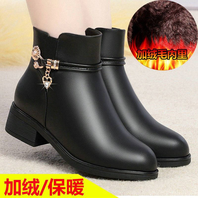 真软皮妈妈棉鞋冬季靴子女短靴粗跟加绒保暖中年女鞋平底黑色皮鞋|undefined