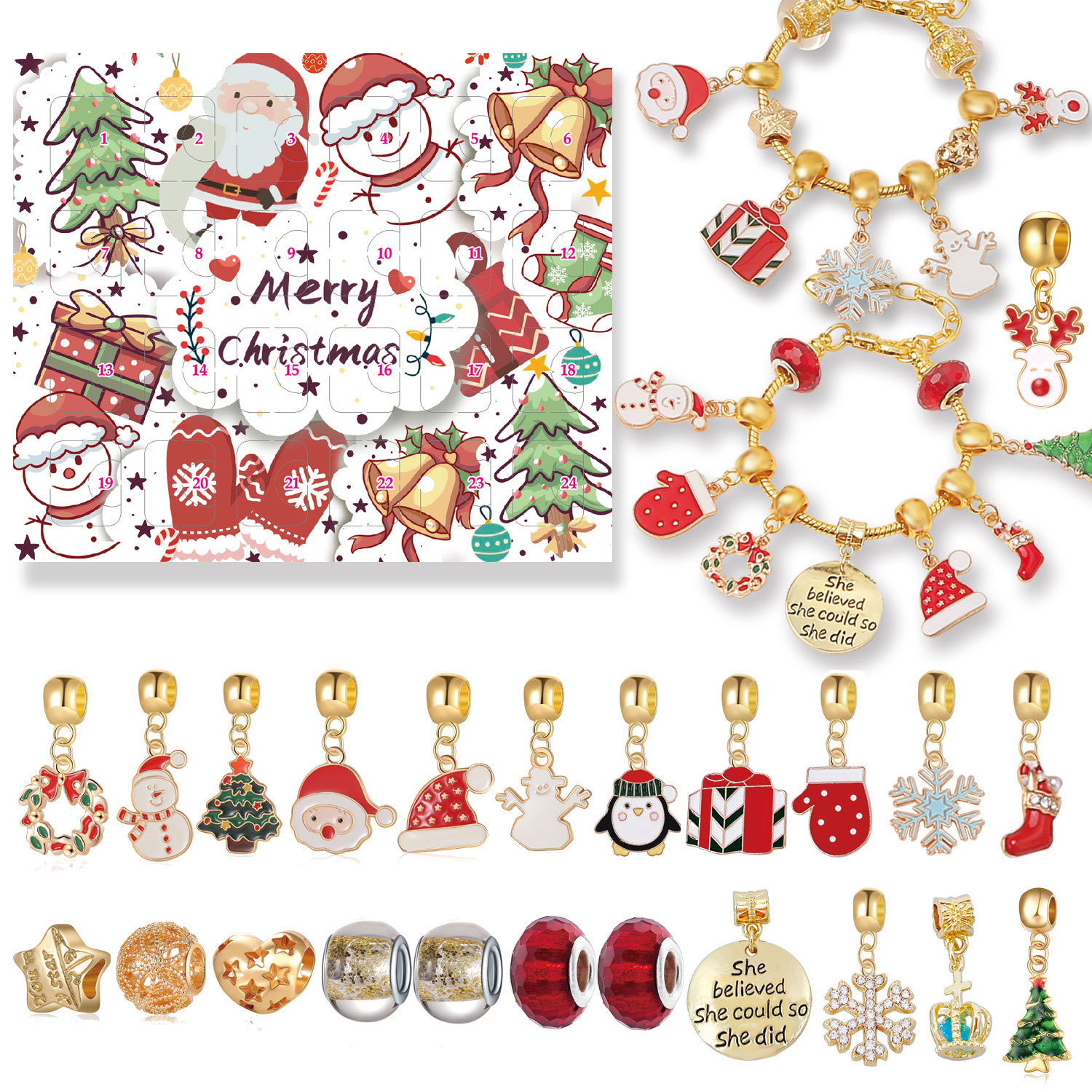 Gold Christmas Countdown Calendar Gift Box Set DIY Beaded Jewelry Advent Christmas Tree Bracelet Gift_voghion.com