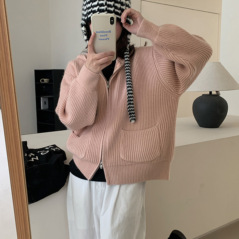 欧洲站纯色连帽拉链毛衣外套女秋冬新款宽松慵懒风软糯厚针织开衫|undefined