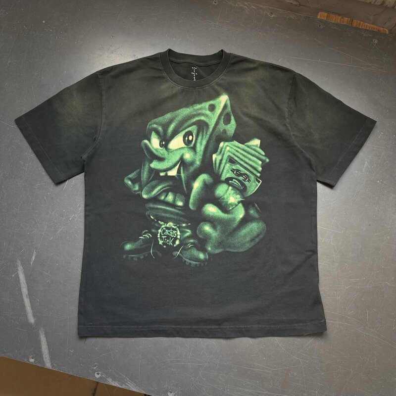 Travis Scott Cactus Jack Spongebob Boss Washed Short Sleeve T-Shirt for Men and Women Trendy Travis Scott Cactus Jack Spongebob Boss Washed Short Sleeve T-Shirt for Men and Women Trendy