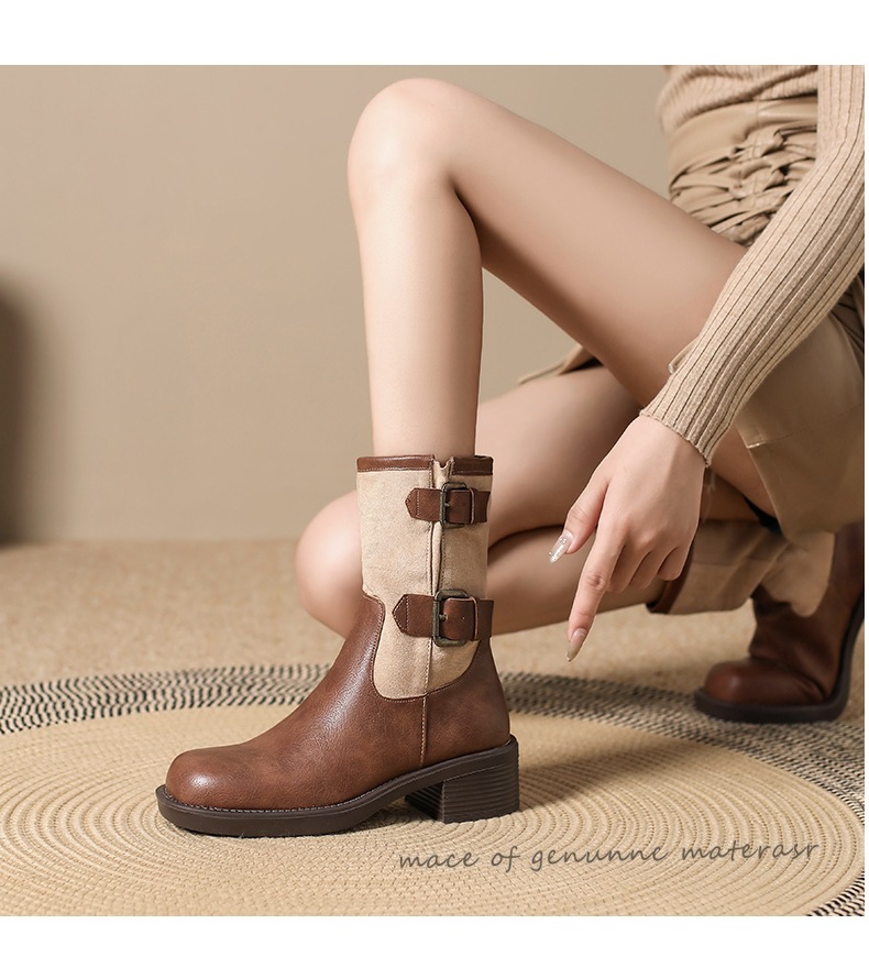 Vintage high-heeled booties Women's boots New fall/winter belt buckle mid-calf single boot chunky heel boots_voghion.com