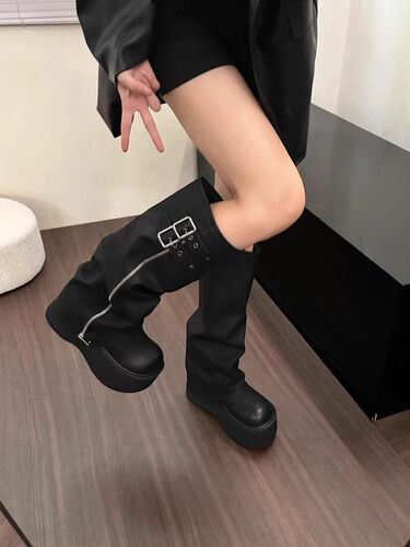 European-style women's slimming knight boots, 2025 new spring/autumn versatile ankle-high boots with thick soles for added height—perfect for petite figures