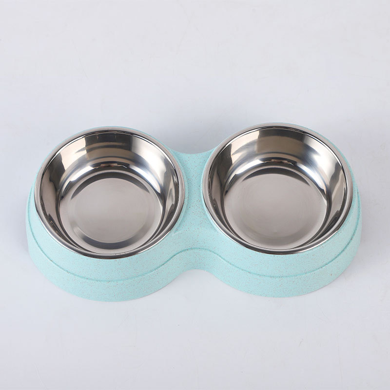 Fábrica personalizada de paja de trigo redonda dos en uno para mascotas doble tazón de acero inoxidable para mascotas bolos personalizados