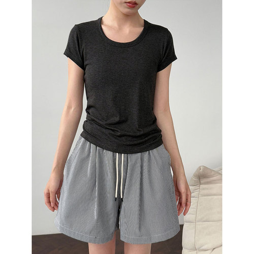 Lushi Korean Style Simple Retro Vertical Striped Casual Hot Pants Women's Summer New High Waist Slimming A-Word Shorts 1909 