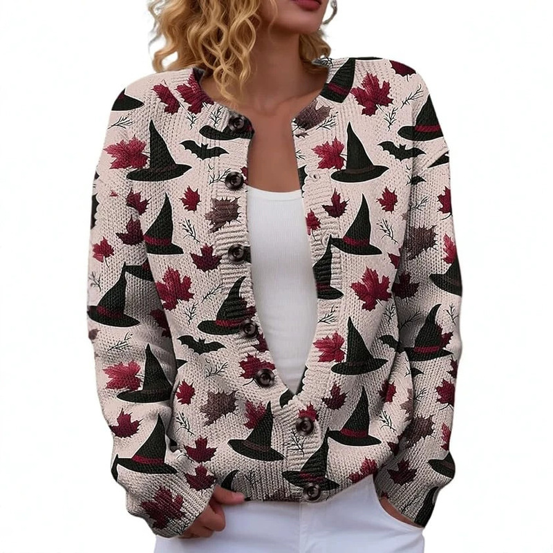 2026 New Women's Halloween Knitted Cardigan with Beige Witch Hat and Red Maple Leaf Jacquard, European and American Autumn Cute Style